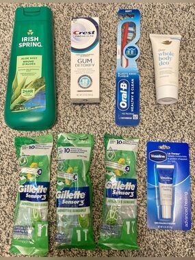 Lot of Personal Care Body Items Body Wash Deodorant Toothpaste Toothbrush Razors